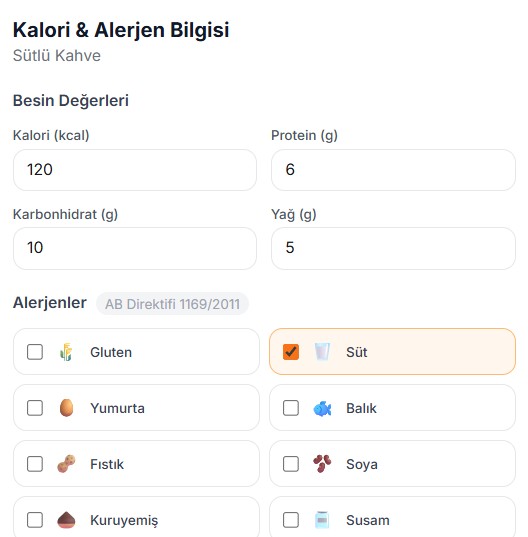 Kalori ve alerjen ekran görüntüsü